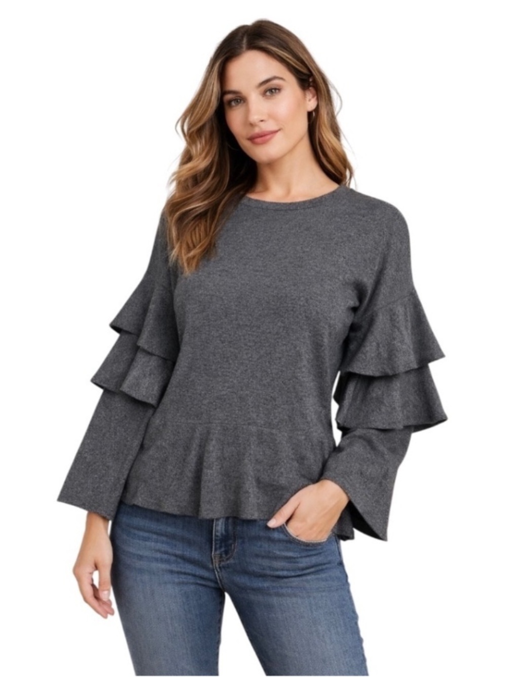 Edward Achour Paris Gray Ruffle Sleeve Peplum Knit Sweater Top Size 44